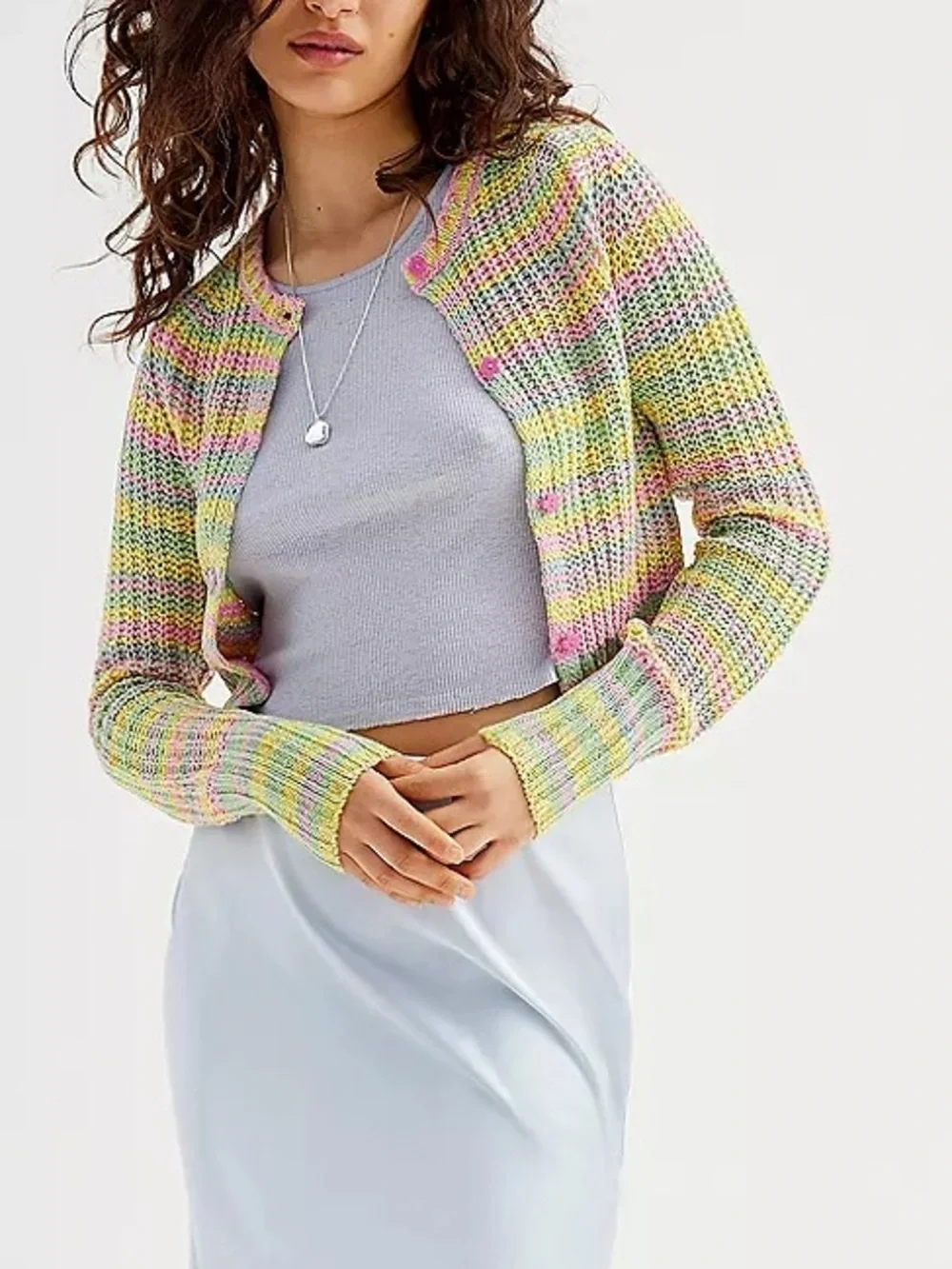 Urban Outfitters Striped Pastel Mini Cardigan Flower Buttons Small